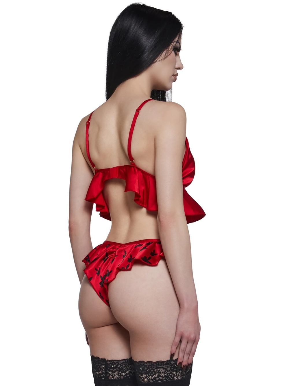 PLAYBOY Red Satin Ruffle Bralette & Ruffle Briefs Set - Picture 3 of 5